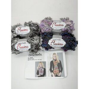 4 Skeins Mary Maxim Flowers Ruffle Yarn Pink/Grey Purple/Blue Grey/Black